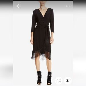Spense Black Faux Wrap Dress with Fringe Long Sleeves SMALL